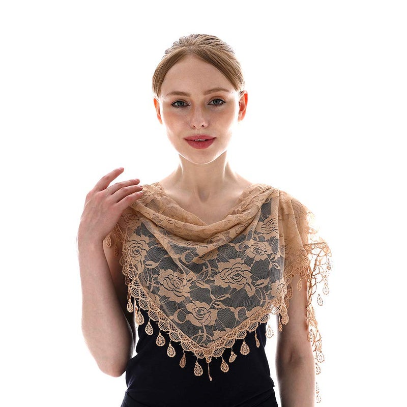 LMVERNA Triangle Tassel Mantilla Veil Lightweight Fashion Floral Soft Lace Scarf (Nude) - Image 3